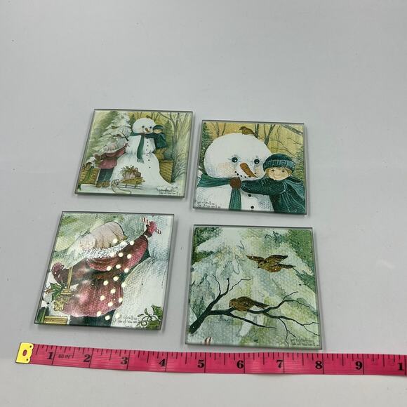 Vintage Pat Richter Winter Snowman Cardinal Print Handmade Glass Coasters Set 4 - Picture 3 of 6